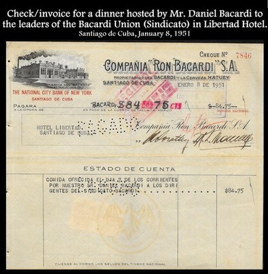Interesting item! Check/invoice for a dinner hosted by Mr. Daniel Bacardi. 1951