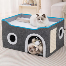 Cat Houses for Indoor Cats - Large Cat Bed Cave with Scratch Pad and Fluffy Ball