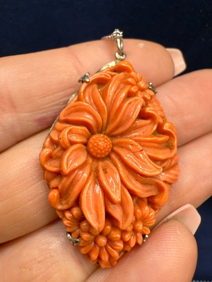 Collar Vintage Plata de Ley Tallado Floral Resina Colgante 18" Foto 2 de 4