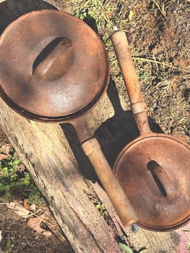 Vintage, Wagner Cast Iron Sauce Pan set with Wooden Handles & Lids