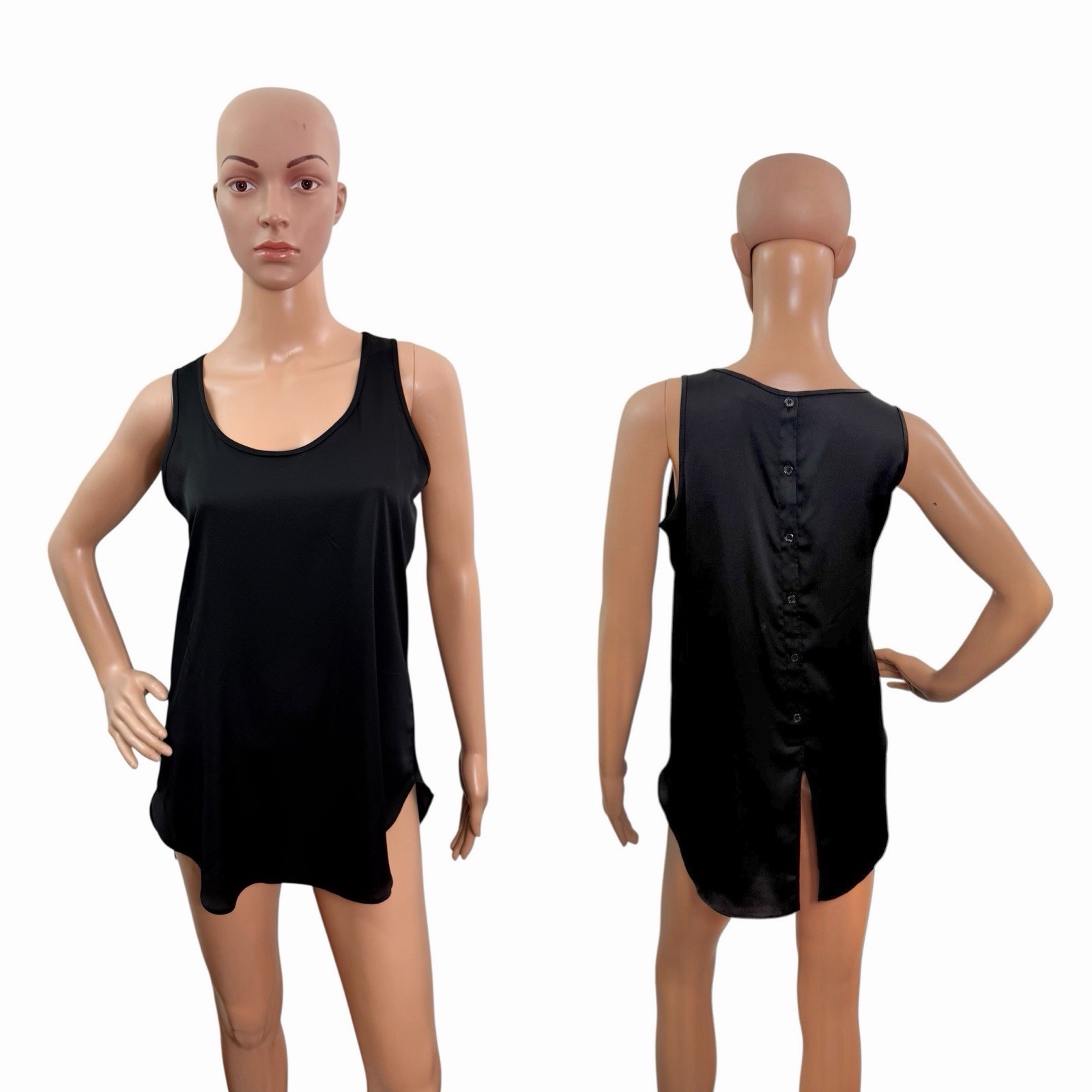 Loft Women’s Size XS Sleeveless Round Neck Slit Back Buttons Black Blouse