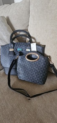David Jones Black Geometric Tote & Clutch Set Gold Hardware Detachable