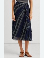 Ralph Lauren Stripe Print Crinkle Georgette Cascading Ruffle Skirt Size 6 NEW
