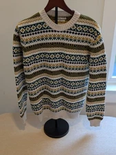 Monoprix Premium Men's Wool Cashmere Fair Isle Crewneck Sweater Ecru SZ M France