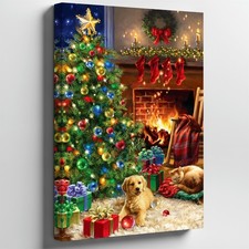 Cozy Christmas Scene Featuring A Beautifully Decorated Evergreen Tree Wall Art