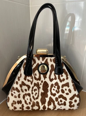 Peach women's small vintage black patent leather & brown animal print handbag - Image 1 of 4