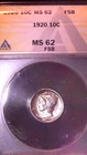 1920 MERCURY SILVER DIME 10C , ANACS MS62, FSB