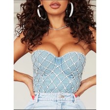 Fashion Nova Denim Corset   Light Wash small