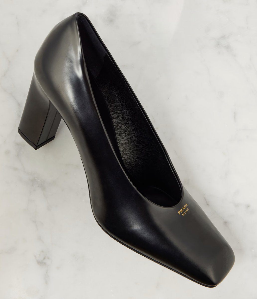 Prada 85mm Black Brushed Leather Gold Logo Show Classic Block Heel
