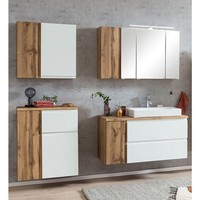 BadmöBel Set Komplett Eiche Weiß Spiegelschrank Waschbeckenschrank Aufsatzbecken