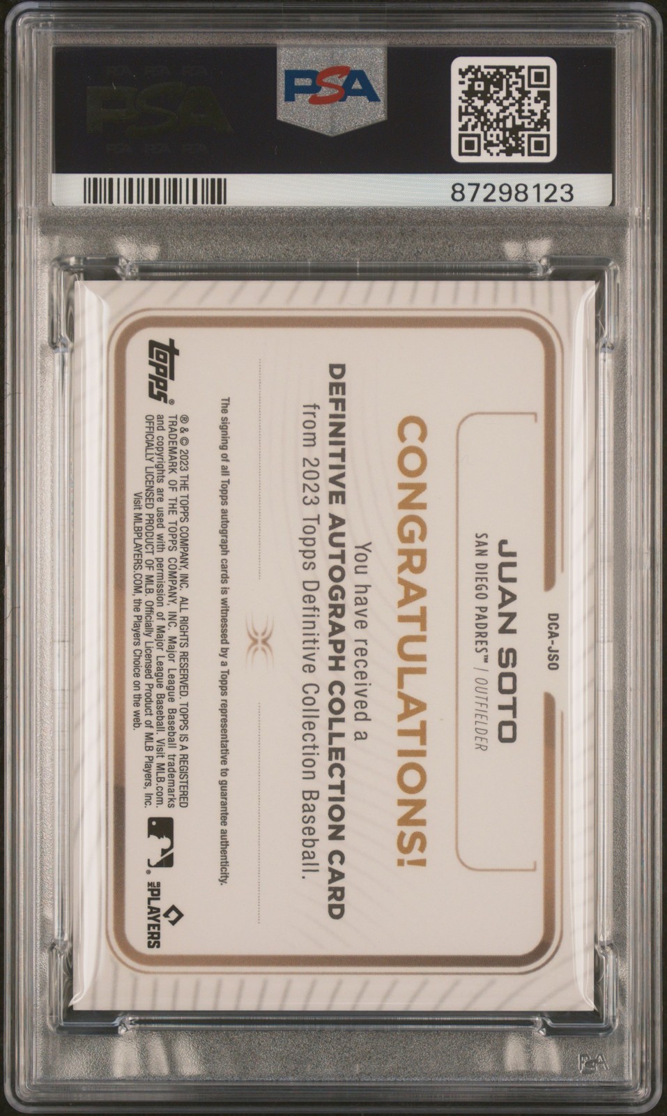 2023 Topps Definitive Collection Autograph Collection #DCAJSO Juan Soto PSA 10 view 2