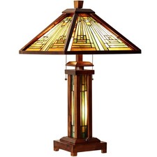 Tiffany Lamp Antique Amber Brown Stained Glass Table Lamp 3-Light