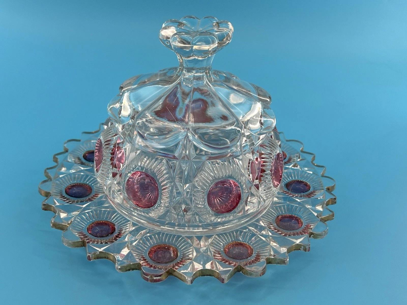 Antique EAPG Bullseye Daisy Gilded Covered Butter/Cheese Dish-Manganese Glow
