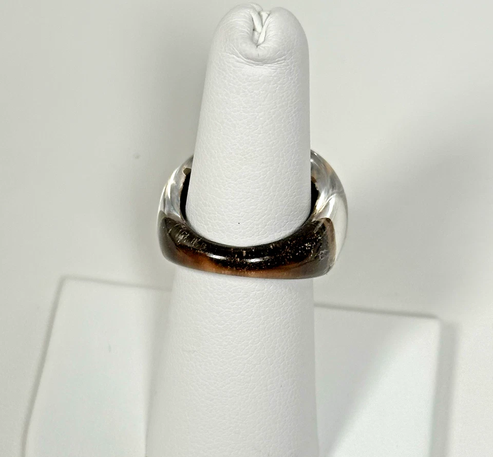 Anel de declaração cúpula coquetel retangular ouro marrom brilhante resina tamanho 6 - Imagem 4 de 4