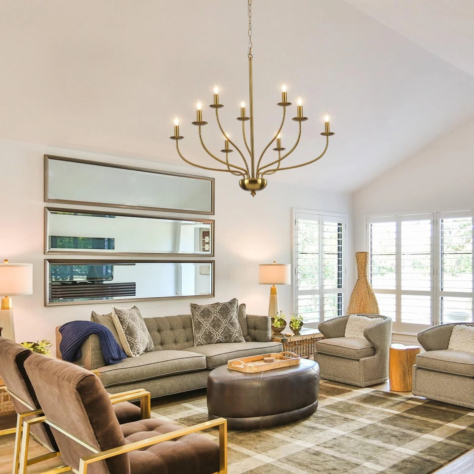 Lámpara de araña dorada Lámpara de araña de latón de 2 niveles 9 luces para comedor... Foto 4 de 4