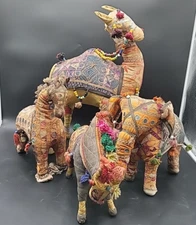 4 VTG COLORFUL FOLK ART RAJASTHANI INDIA EMBROIDERED HORSE, CAMEL & ELEPHANT LOT
