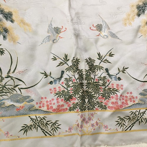 Vtg Brocade Chinese Silk Table Cloth Tapestry Cranes Cherry Blossoms Fringed - Picture 4 of 8