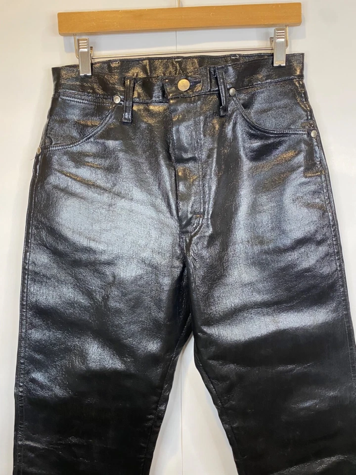 复古 80 年代牧马人 9x32 码黑色皮革褶边高腰牛仔裤 14MWZYB — 第 2/4 张图片