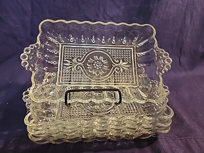 Anchor Hocking Glass Pattern E156 Clear Relish Vanity Handle Hobnail Scalloped 4