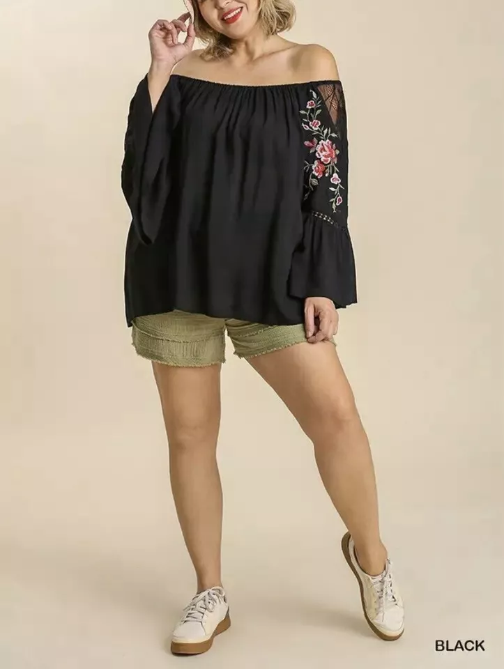 Blusa Camisa Umgee Talla Med Boho Gitana Hombro Descubierto Encaje Bordado Manga Campana Foto 2 de 4