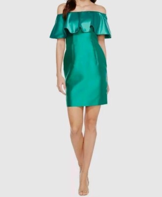 Adrianna Papell  Satin Ruffled Off-The-Shoulder Dress Size 6