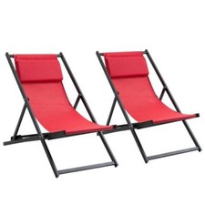 Set Of 2 Folding Deck Chairs Aluminium Frame Folding Sun Lounger Red