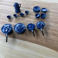 Vintage Dollhouse Lot Miniature Kitchen Metal Spatterware Pans Dishes Coffee Set