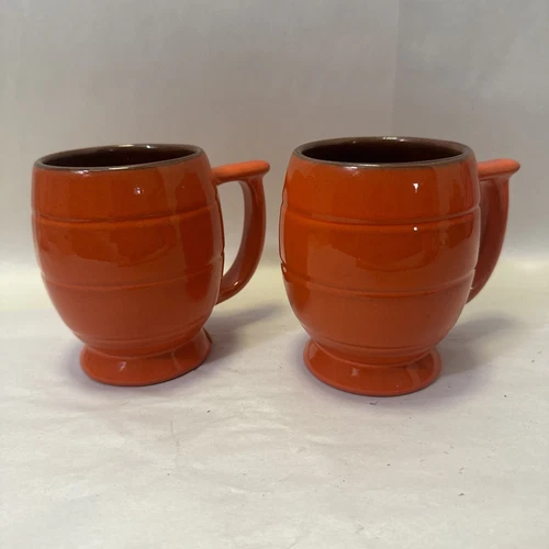 2 Vintage Frankoma Pottery Plainsman Flame Red Orange Coffee Cup Mug C7 Chipped