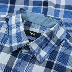 Hugo-Boss-Blue-Black-White-Cotton-Check-Plaid-Slim-Fit-Dress-Shirt-M