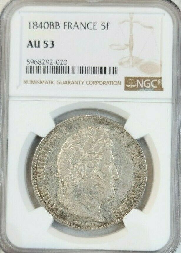 1840 FRANCE SILVER 5 FRANCS LOUIS PHILIPPE I NGC AU 53 HIGH GRADE
