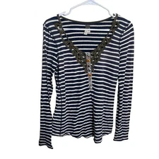 We The Free Shirt Women's Small Blue Striped Boho Henley V-Neck Lace Blouse Top