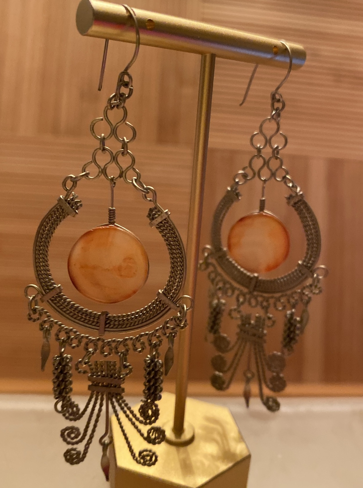 Dangle Earring Amber Gem Stone Silver Chainmail S… - image 3