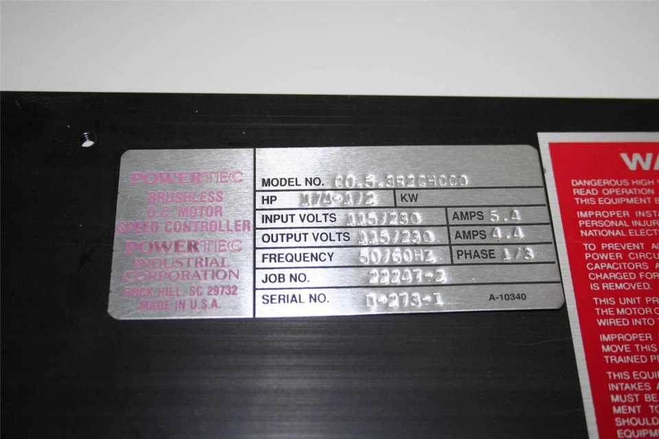 * POWERTEC C0.5.3R2CH00 BRUSHLESS DC MOTOR SPEED CONTROLLER 1/4-1/2 HP 5.4A - Image 3 of 3