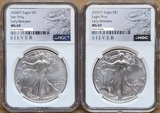 2 coin set 2024 and 2025 p silver eagle with privy ngc ms69 er als