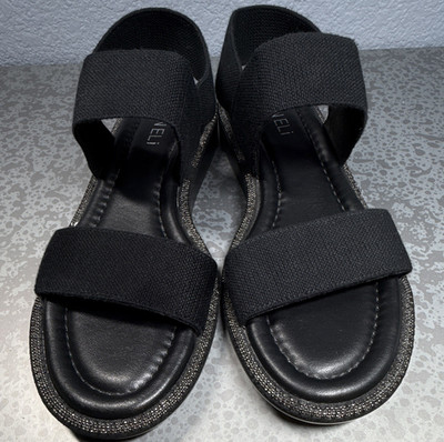 VAN ELI Women's Black Slip-On Strappy Sandals Rhinestone Accent Spandex 7N