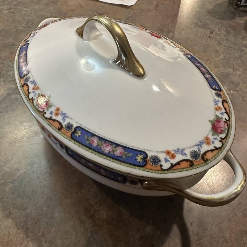 Czecho Slovakia Serving Bowl with Lid Gold Colored Handles and Floral Pattern