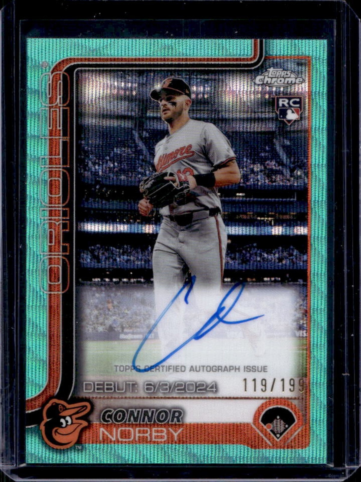 2025 Topps Chrome Connor Norby Rookie Debut Auto RC Aqua Wave Refractor #119/199