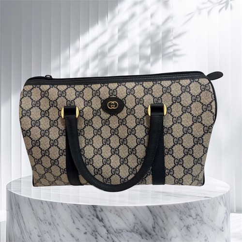 Gucci GG Supreme Canvas Leather Handle Vintage Trapezoid Handbag Beige Black