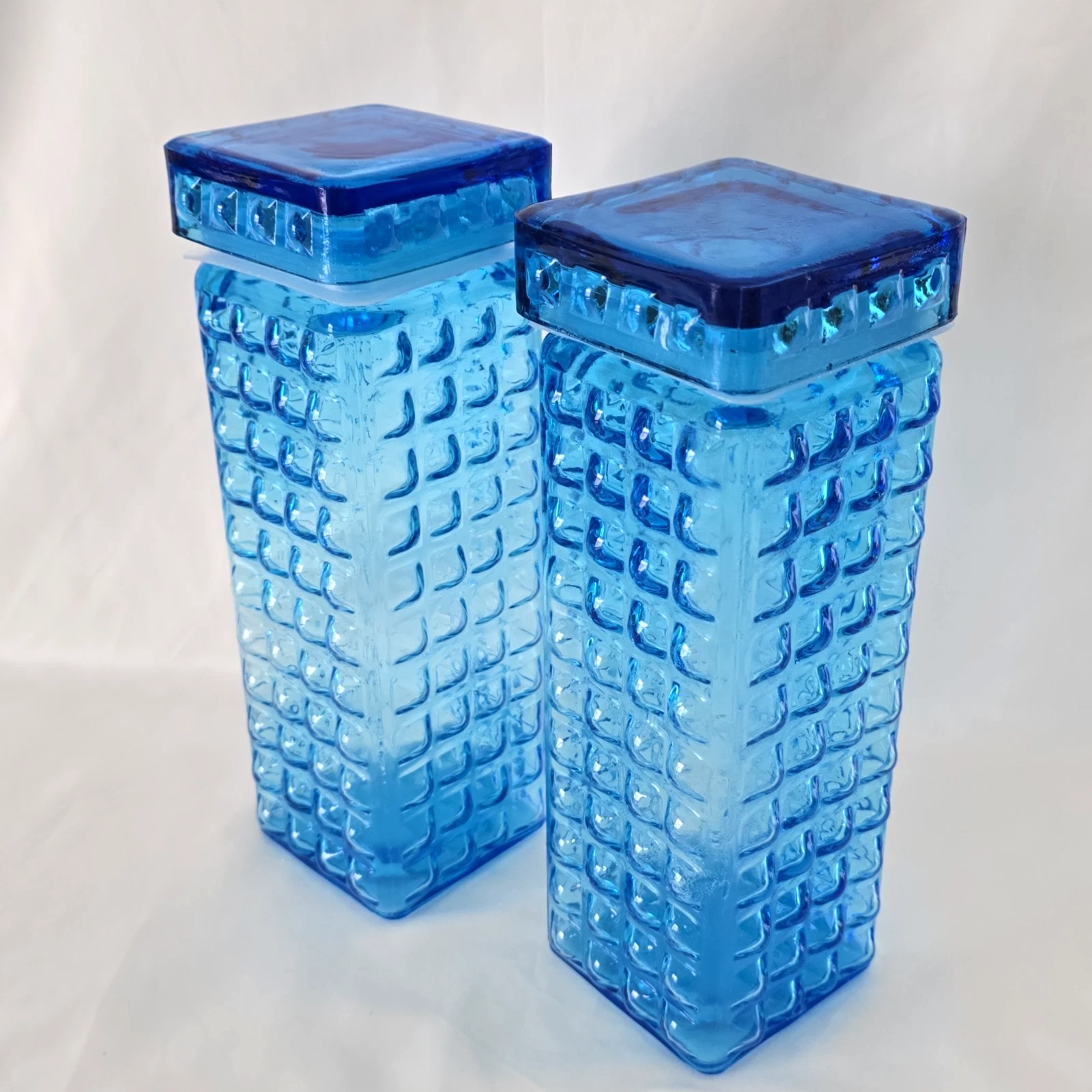 Pier 1 Blue Bubble Glass Jars Set of 2 Lidded 9.5 Storage Modern Stylish Decor