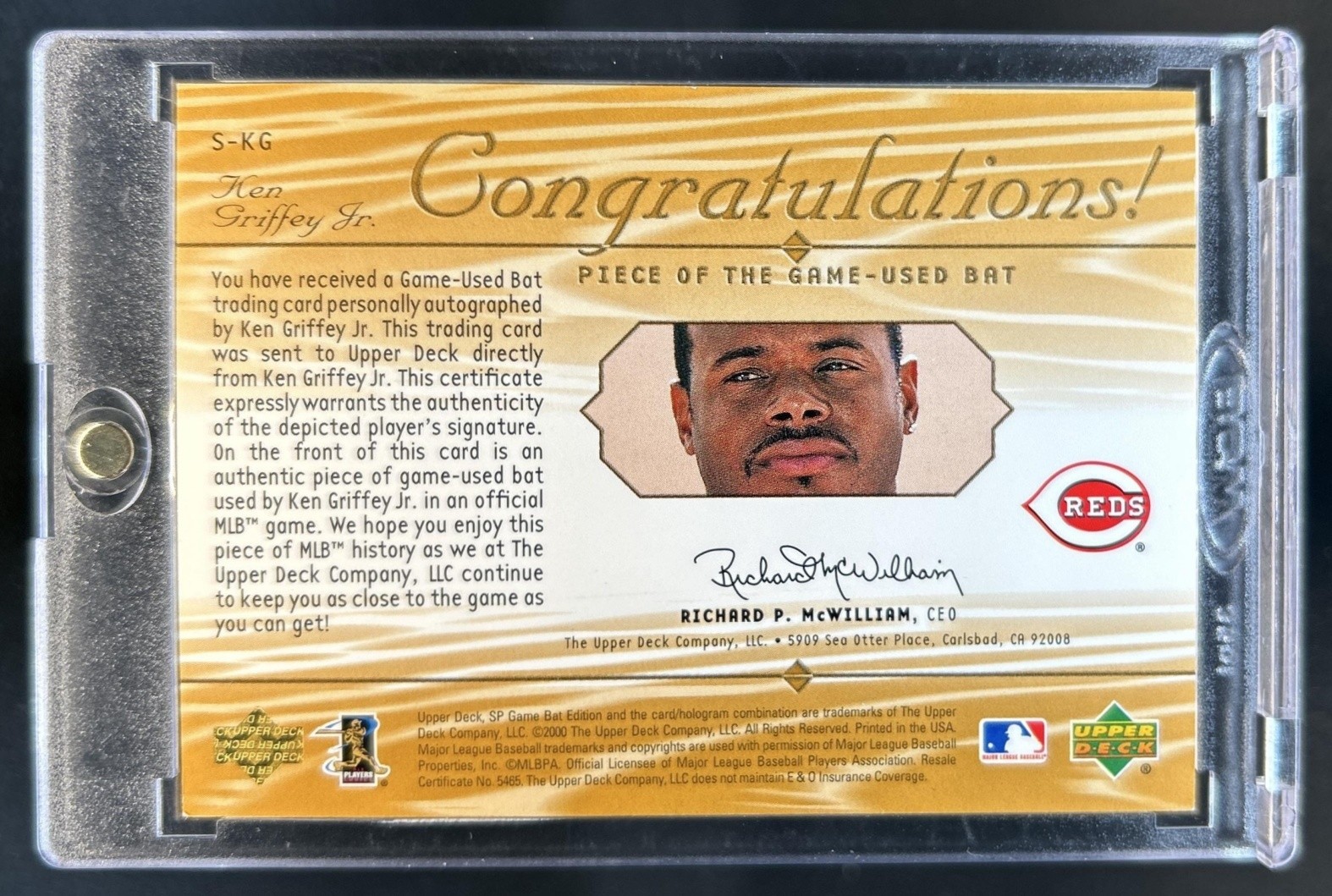 2001 SP Game Bat Ken Griffey Jr Gold Piece Of The Game Bat Auto #/25 Reds view 2