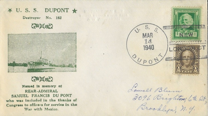 14 Mar 1940 Naval Cover, USS Dupont DD-152, New London CT