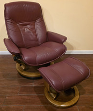 Ekornes Stressless Large "Governor" Red Leather Swivel Recliner Chair Ottoman