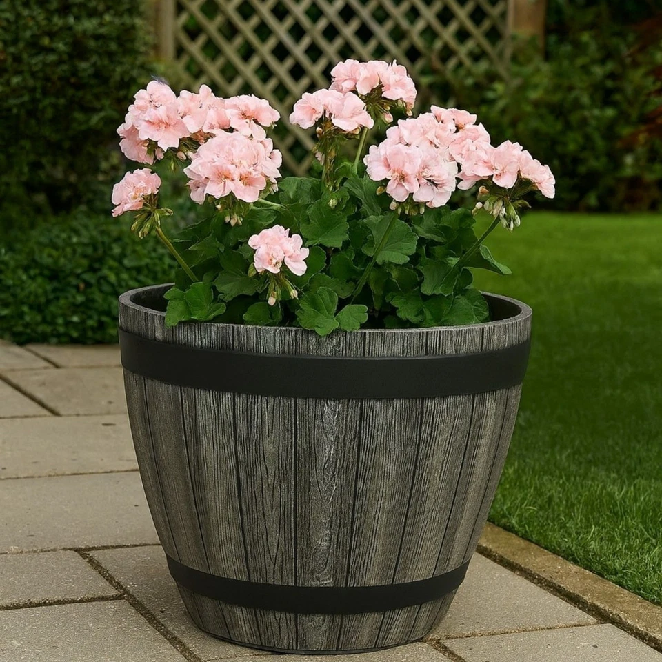 DIVAS WORLD XXL Rustic Wood Effect Barrel Planter 51x38cm Large Garden Plant Pot Outdoor Tub