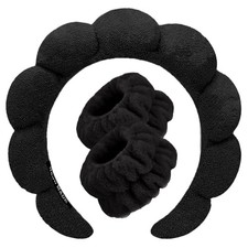 Spa Headbands for Washing Face Wristband Set Sponge Makeup Skincare Black