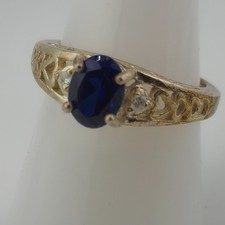 Ring 925 Sterling Silver Oval Blue Stone Heart Filigree Size 7.75 Vtg