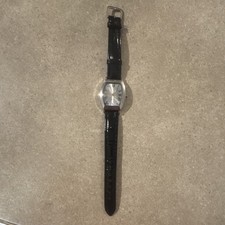 Silver Tone Tonneau Quartz Analog Wristwatch Black Leather Strap Roman Numerals