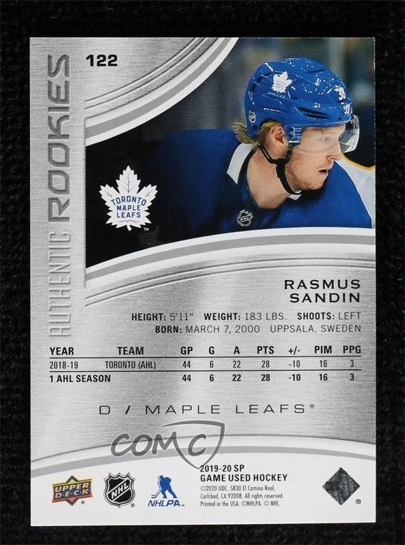 2019 Upper Deck SP Game Used Authentic Rookies /38 Rasmus Sandin #122 Rookie RC - Image 2 of 2
