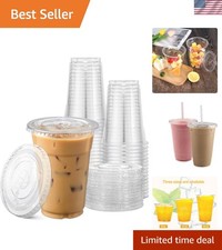 Plastic Cups with Flat Lids 100 Sets 16 oz, Clear Crystal drink cups with lids