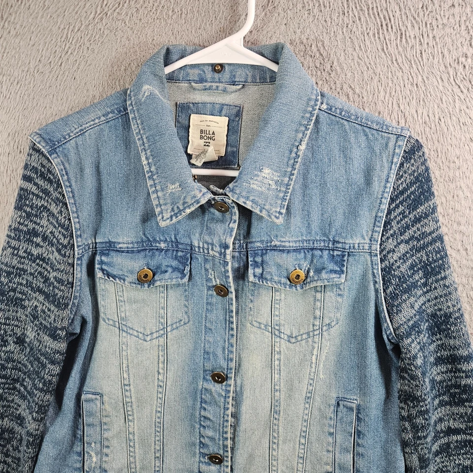 Chaqueta de mezclilla Billabong para mujer mediana con botones manga tejida azteca azul Foto 3 de 4