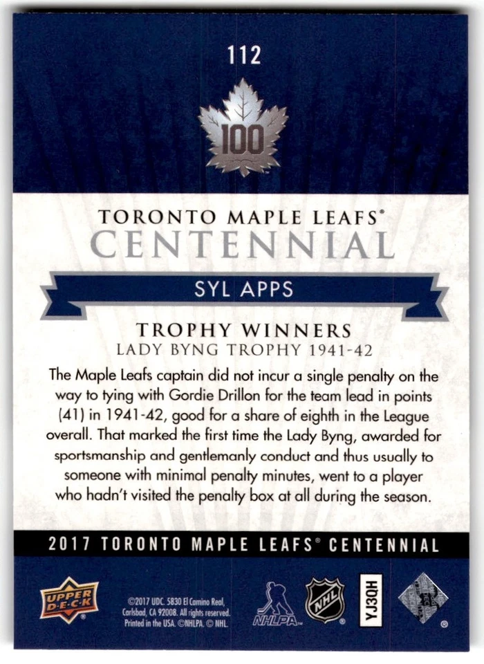 Syl Apps 2017-18 Upper Deck Toronto Maple Leafs Centennial SP #112 - Image 2 of 2